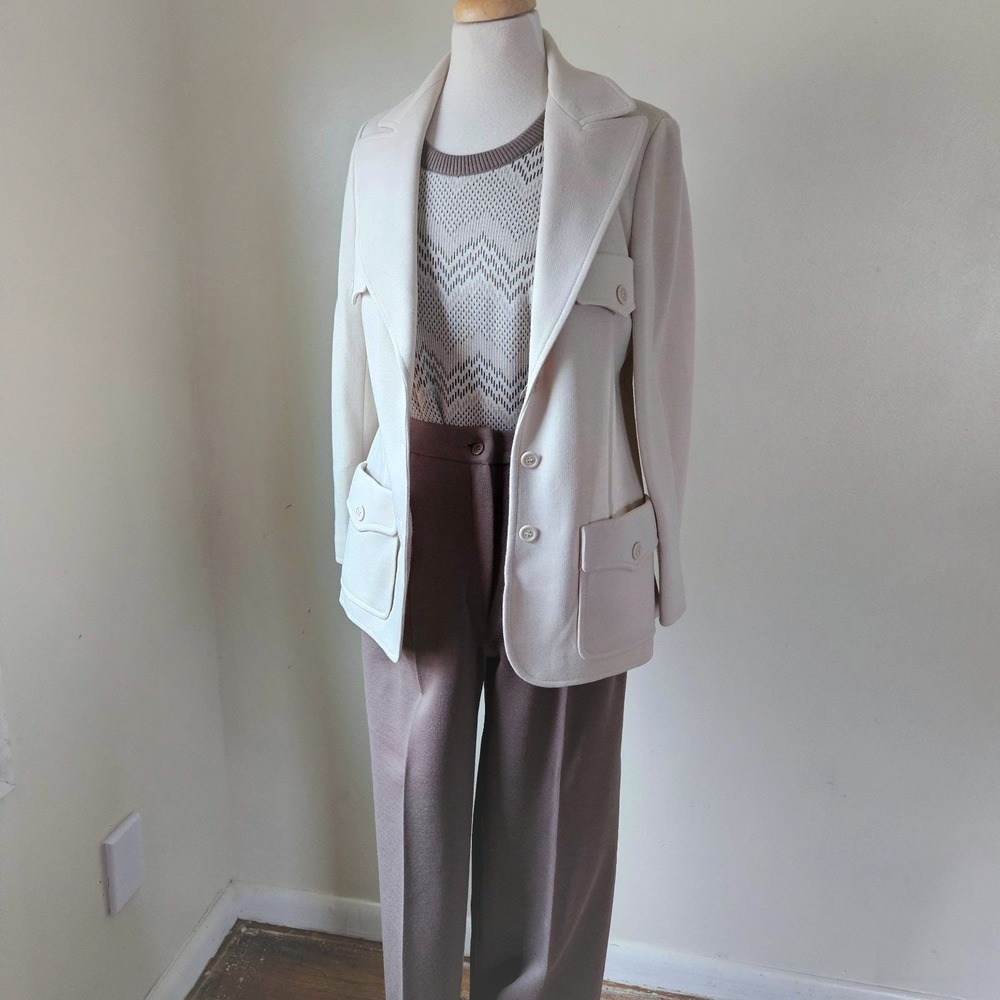 Vintage Butte Double Knit 70s 3‎ Piece Set Leisure Suit Womens Tan Beige S/M